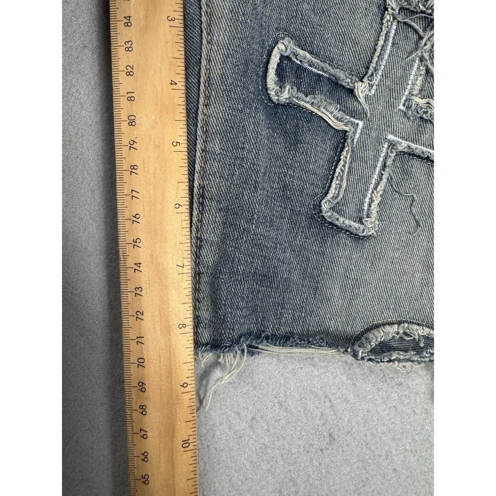 Womens Y2K Denim Shorts XR Cross Patch Raw Hem Longline Skater Festival S Grunge - Picture 14 of 15